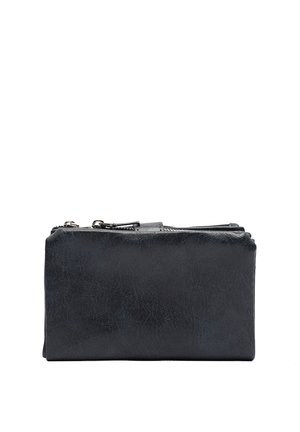 Schwarzes rechteckiges Lederportemonnaie mit zwei Reißverschlussfächern, sichtbaren Nähten und Metallreißverschlussanhängern, dargestellt auf weißem Hintergrund.