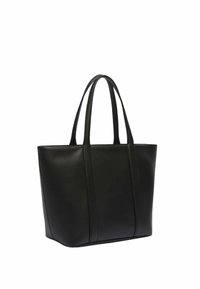 Sac fourre-tout en cuir noir avec deux poignées robustes, forme rectangulaire, surface texturée et accents de couture verticale à l'avant.