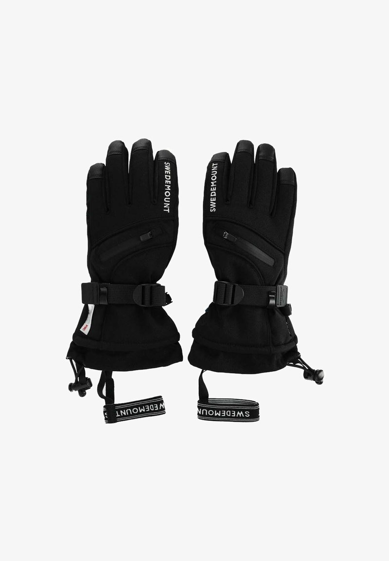 Black insulated gloves with adjustable straps, zippered pockets, and cuff tightening system. Soft fabric texture and reinforced palms.