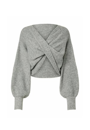 Maglione grigio lavorato a maglia con design frontale intrecciato, maniche a palloncino lunghe e polsini a coste, corto in vita.