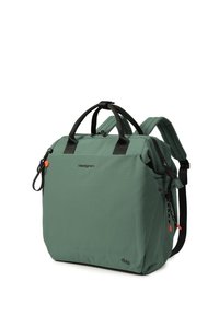 Sac à dos Hedgren vert avec poignées noires et bretelles rembourrées, doté de fermetures éclair et de tirettes orange.