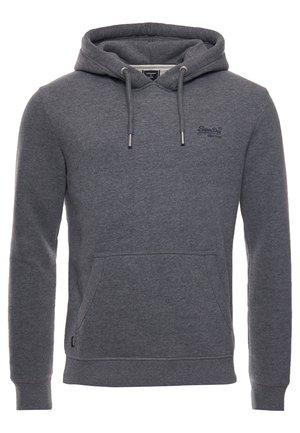 Donkergrijze pullover hoodie met een voorzak in kangeroestijl, verstelbare capuchon met trekkoord en een klein geborduurd logo op de linkerborst.