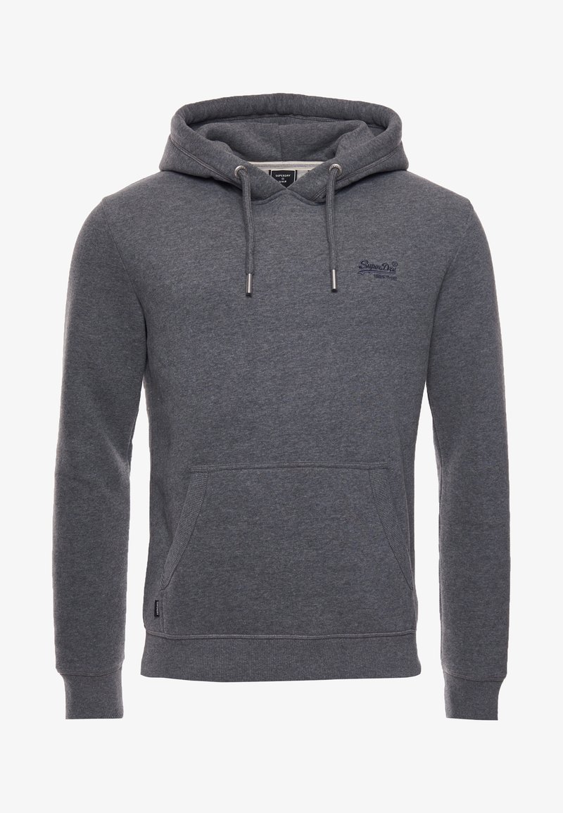 Sweat à capuche gris foncé avec poche kangourou à l'avant, capuche à cordon réglable, et petit logo brodé sur le côté gauche de la poitrine.