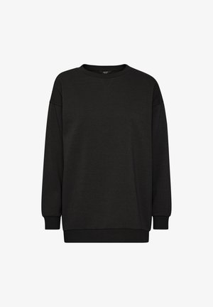 Black sweatshirt made of soft fabric, featuring a round neckline, long sleeves, and ribbed cuffs and hem. Simple, unembellished design.