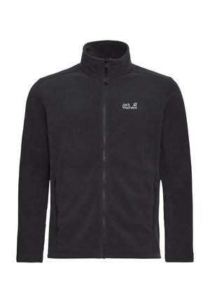 Zwarte fleecejas met ritssluiting, hoge kraag, zijzakken met rits en wit Jack Wolfskin-logo op de linkerborst.