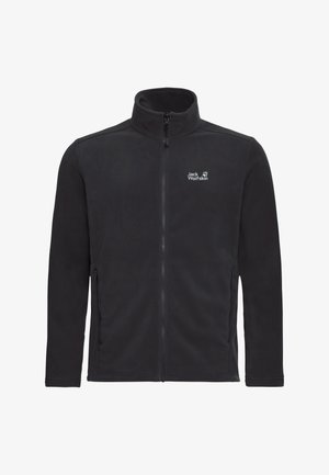 Schwarze Fleecejacke mit Reißverschluss, hohem Kragen, seitlichen Reißverschlusstaschen und weißem Jack Wolfskin Logo auf der linken Brust.