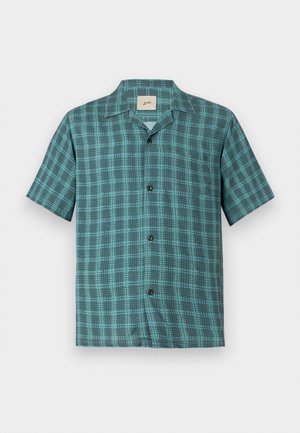 Kortermet skjorte i teal og mørkegrønt rutemønster, med knapfront, enkelt brystlomme og myk stoff med en glatt tekstur.