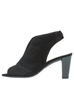 Black suede slingback heel with a peep toe, angular design, and a tapered, textured heel. Features a smooth inner lining and stitching detail.