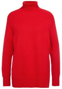 Pull en tricot rouge avec un col montant. Caractéristiques des poignets et un ourlet côtelés, ainsi qu'un motif texturé sur les épaules. Coupe ample et décontractée.
