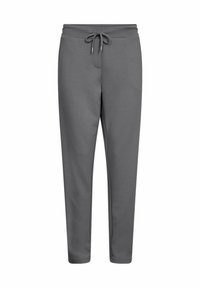 Grijze joggingsbroek met een trekkoord in de taille, taps toelopende benen en een gladde, zachte textuur. Geen zakken of zichtbare merken.