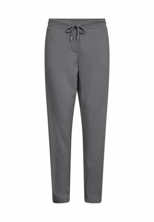 Grå sweatpants med snøre i taljen, tætsiddende ben og en glat, blød tekstur. Ingen lommer eller synlig branding.