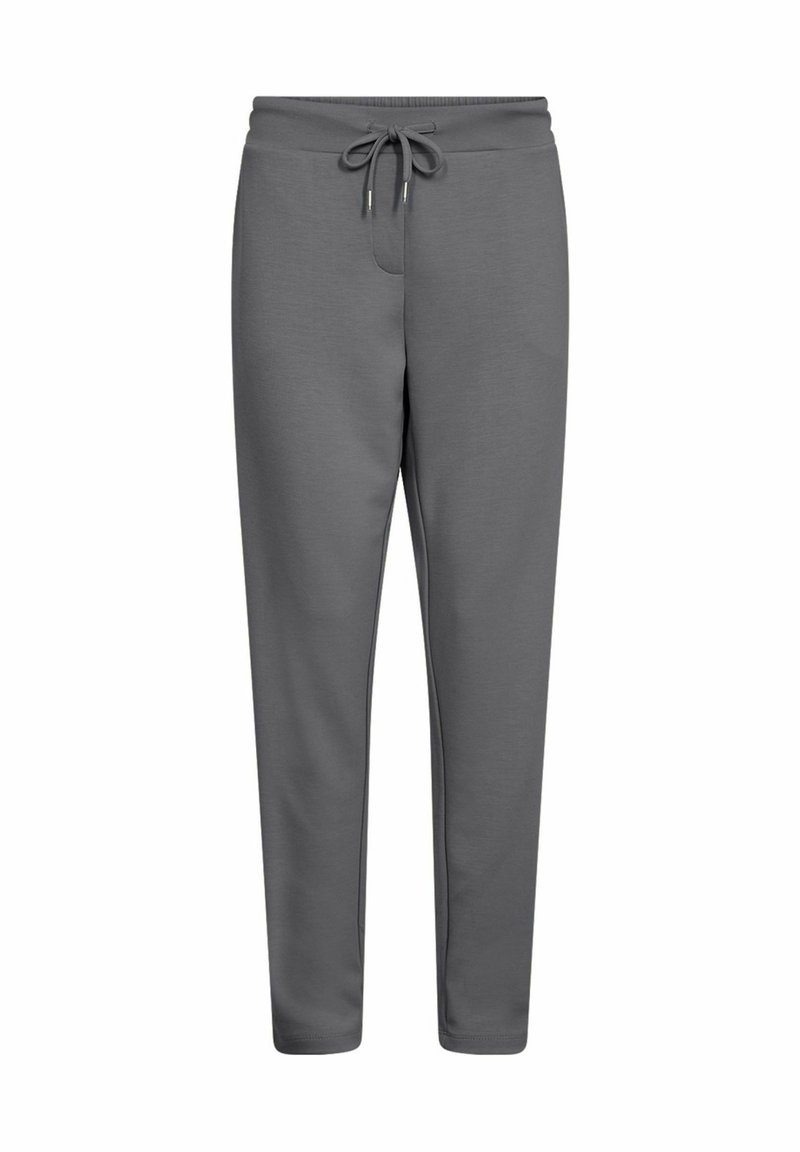Grijze joggingsbroek met een trekkoord in de taille, taps toelopende benen en een gladde, zachte textuur. Geen zakken of zichtbare merken.