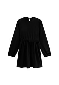 Vestido negro de manga larga con cuello redondo, cintura fruncida y tejido texturizado. Presenta un cierre en forma de keyhole en la parte trasera. Diseño simple y con forma.