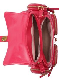 Borsa in pelle rosa con un design strutturato, due scomparti, accessori in oro e una superficie liscia con chiusura a zip.