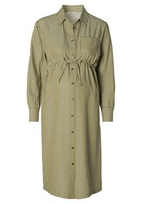 Grünes gestreiftes Kleid mit durchgehender Knopfleiste, langen Ärmeln, elastischem Bund mit Bindegürtel und einer Brusttasche. Hergestellt aus leichtem Stoff.