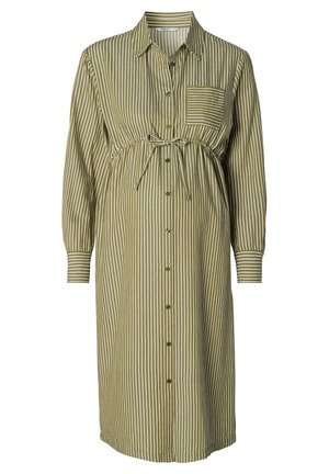 Robe verte à rayures avec un devant à boutons, des manches longues, une taille élastique avec lien, et une poche poitrine. Fabriquée en tissu léger.