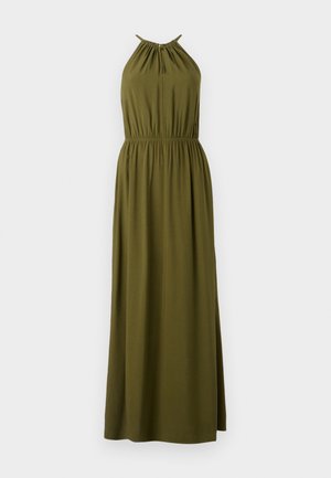 Olīvzaļgans, bez piedurknēm, maksi kleita ar haltera kakla dizainu. Iespējama elastīga vidukļa daļa un plūstoša silueta. Mīksta auduma tekstūra.