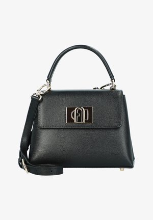 Black textured leather handbag with a structured shape, featuring a top handle, detachable shoulder strap, and a gold-tone logo clasp.