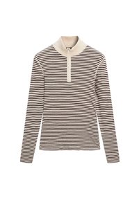 Camicia a maniche lunghe a strisce orizzontali crema e marrone scuro, con un colletto alto e una zip frontale a quarto. Materiale morbido e lavorato a maglia.