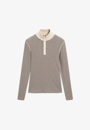 Long-sleeve shirt in cream and dark brown horizontal stripes, featuring a high collar with a quarter-zip front. Soft, knitted material.