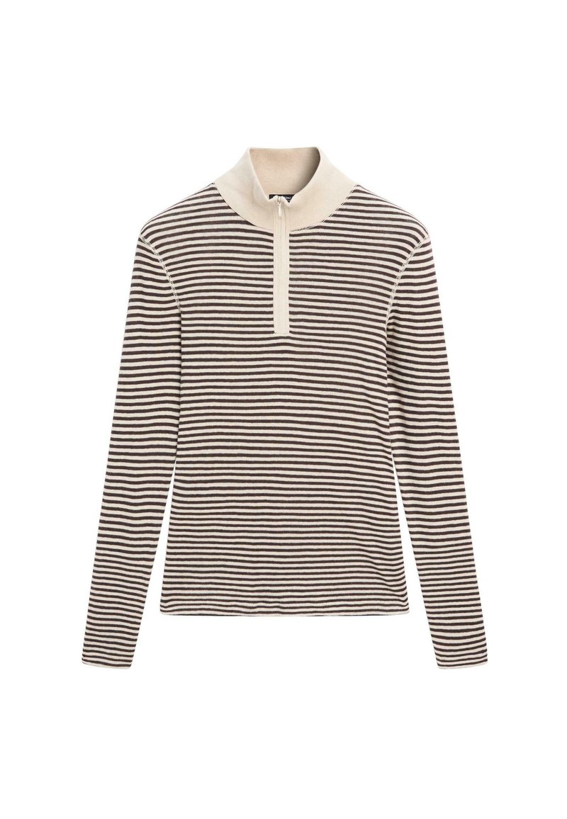 Camicia a maniche lunghe a strisce orizzontali crema e marrone scuro, con un colletto alto e una zip frontale a quarto. Materiale morbido e lavorato a maglia.