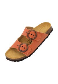 Oranje canvas slide sandaal met twee verstelbare banden en ronde houten gespen, kurken voetbed en gestructureerde zwarte zool.