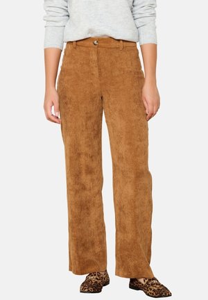 Kobieta ubrana w brązowe, sztruksowe spodnie z wysokim stanem, połączone z mokasynami w panterkę oraz jasnoszarym, długim rękawem, stojąca na białym tle.