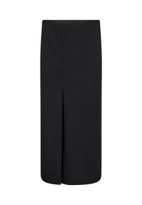 Schwarzer knielanger Rock mit einem Vorder-Schlitz. Hergestellt aus glattem Stoff mit einer taillenbetonten Passform und gerader Silhouette.