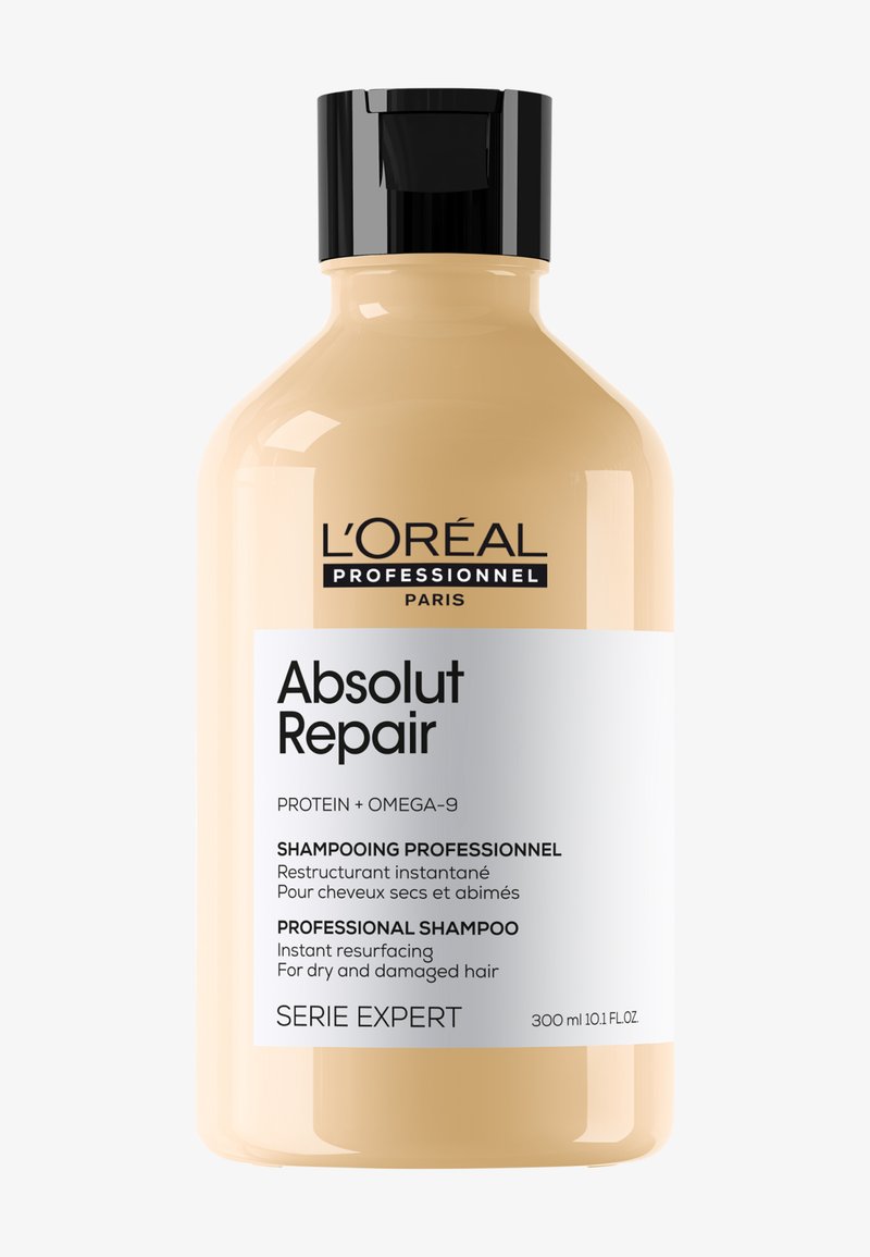 L'Oréal Professionnel Absolut Repair shampoo flaske med Protein + Omega-9 til øjeblikkelig genopretning af tørt og beskadiget hår, 300 ml.