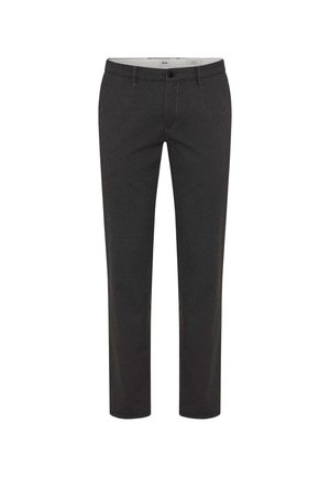 Dunkelgraue Slim-Fit-Herrenhose mit Gürtelschlaufen, vorderem Knopf und Reißverschluss, vor weißem Hintergrund gezeigt.