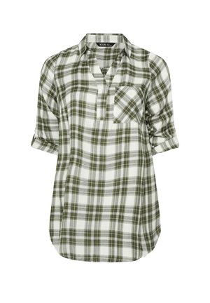 Camicia a quadri verde e bianca con colletto a scollo a V, maniche arrotolabili e taschino sul petto. Realizzata in un tessuto morbido e leggero.