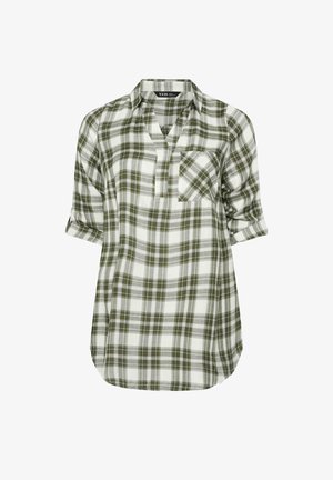 Chemise à carreaux verte et blanche avec un col à découpe, des manches retroussées et une poche poitrine. Fabriquée dans un tissu doux et léger.