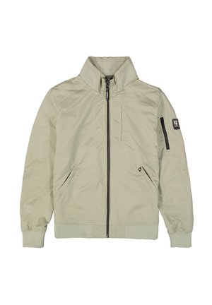 Lichtbeige bomberjack met een hoge kraag, front-rits en twee zijzakken. Kenmerkt zich door een gestructureerde stof en een logo patch op de linkermouw.