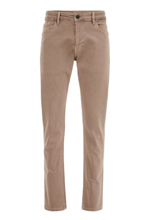 Vaqueros rectos beiges hechos de una mezcla de algodón. Presentan cinco bolsillos, cierre de botón y detalles de costura visibles.