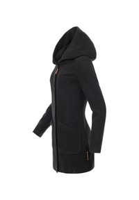 Black hooded coat with a sleek design, featuring a zip closure, two front pockets, and a soft, textured fabric. Brown hardware accents included.