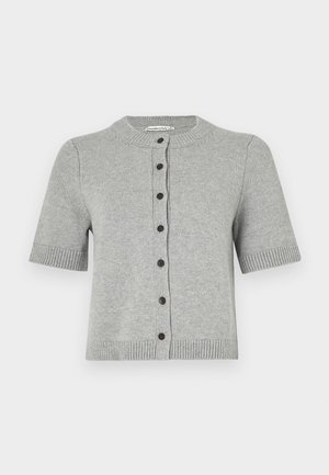 Light gray short-sleeve cardigan made of knitted fabric featuring a round neck, five dark buttons down the front, and ribbed trim.