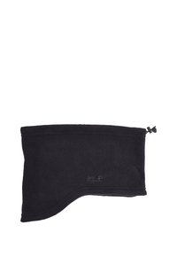 Scaldacollo in pile nero con un design asimmetrico, dotato di un piccolo logo sul lato e di un cordoncino di regolazione.