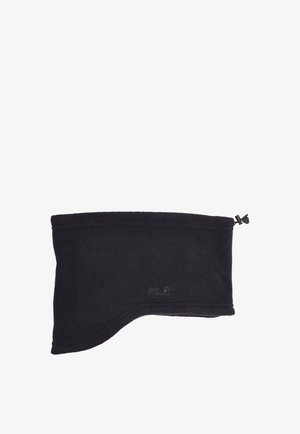 Black fleece neck warmer with an asymmetrical design, featuring a small logo on the side and a cinching toggle for adjustment.