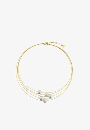 Naszyjnik w złotym odcieniu z trzema zakrzywionymi drucianymi pasmami, na których równomiernie rozmieszczono pięć białych pereł wzdłuż środka. Zawiera zapięcie i łańcuszek przedłużający.