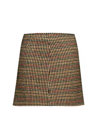 Geruite mini-jurk met een mix van crème, bruin, rood en groen. Heeft een rechte snit en een gestructureerde stof met een subtiele glans.