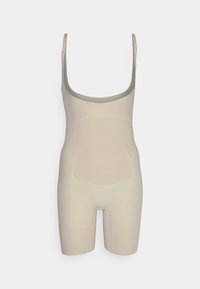 Beige bodysuit with a scoop neckline, smooth texture, and mid-thigh length. Features subtle shaping details and wide shoulder straps.