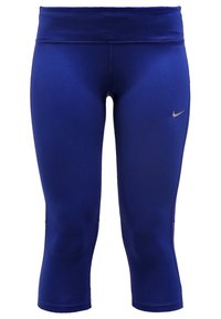 Blå Nike avklippta leggings med hög midja och liten reflekterande swoosh-logotyp på övre vänstra lår.