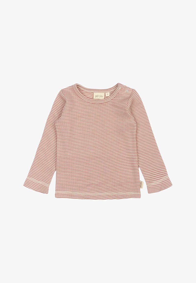 Hosszú ujjú gyermek póló puha, bordázott anyagból, rózsaszín és fehér vízszintes csíkokkal, vállon gombolással, ami megkönnyíti az öltözködést.