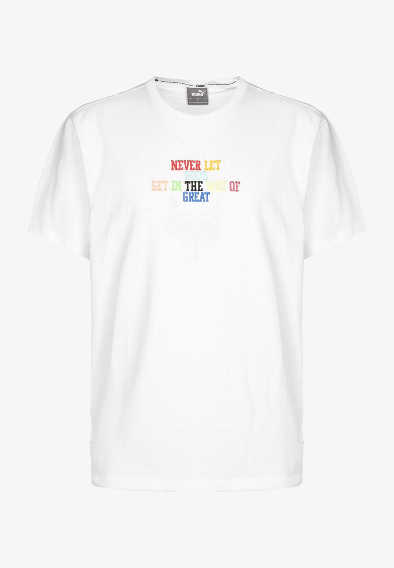 Weißes Baumwoll-T-Shirt mit mehrfarbigem Text: "LASS NIE GUTES IM WEG ZUM GROßARTIGEN STEHEN." Rundhalsausschnitt, kurze Ärmel und lockere Passform.
