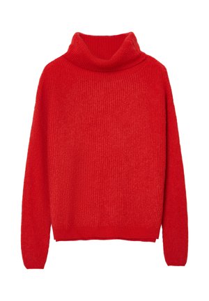 Roter Strick-Turtleneck-Pullover mit lockerer Passform, der über eine gerippte Textur und lange Ärmel verfügt. Der Saum ist hinten etwas länger.