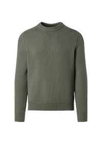 Olivgrüner Pullover aus strukturiertem Strickstoff, mit Rundhalsausschnitt, gerippten Bündchen und Saum sowie strukturierten Nähten an den Schultern.