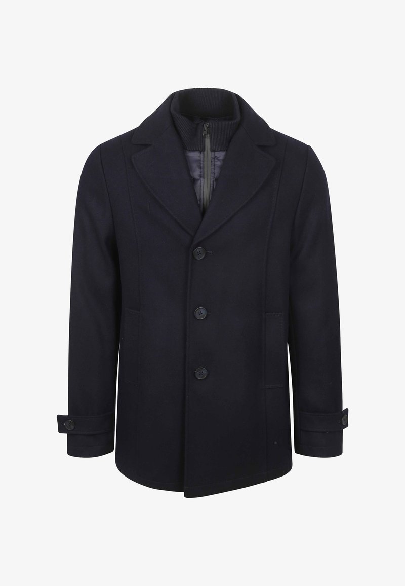 Navy wool blend coat with a notched collar, five buttons, and side pockets. Features a ribbed inner collar and cuff details.