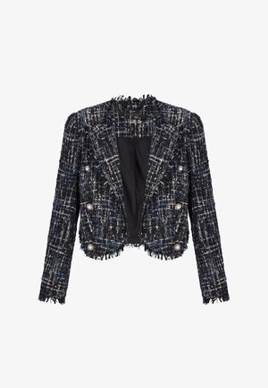 Żakiet z tweedu w czarno-niebieskiej kolorystyce z postrzępionymi krawędziami, zapięcie dwurzędowe i cztery dekoracyjne perłowe guziki z przodu. Podszewka wewnętrzna.