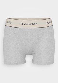Sive pamučne bokserice s bež pojasom na kojem je oznaka "Calvin Klein" u crnoj boji. Gladka tekstura i prilagođen dizajn.