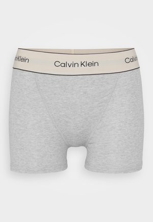 Grijze katoenen boxershorts met een beige tailleband waarop het label "Calvin Klein" in het zwart is gedrukt. Gladde textuur en aansluitend ontwerp.